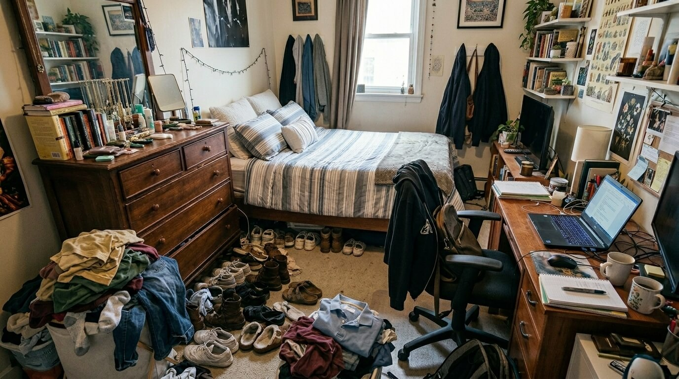 Organized small bedroom with cluttered surfaces, too many clothes and shoes.