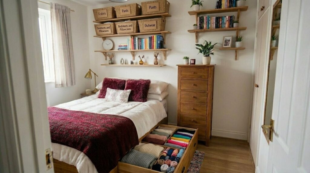 Organized small bedroom with grouped baskets, books and decor on open shelves and an uncluttered dresser