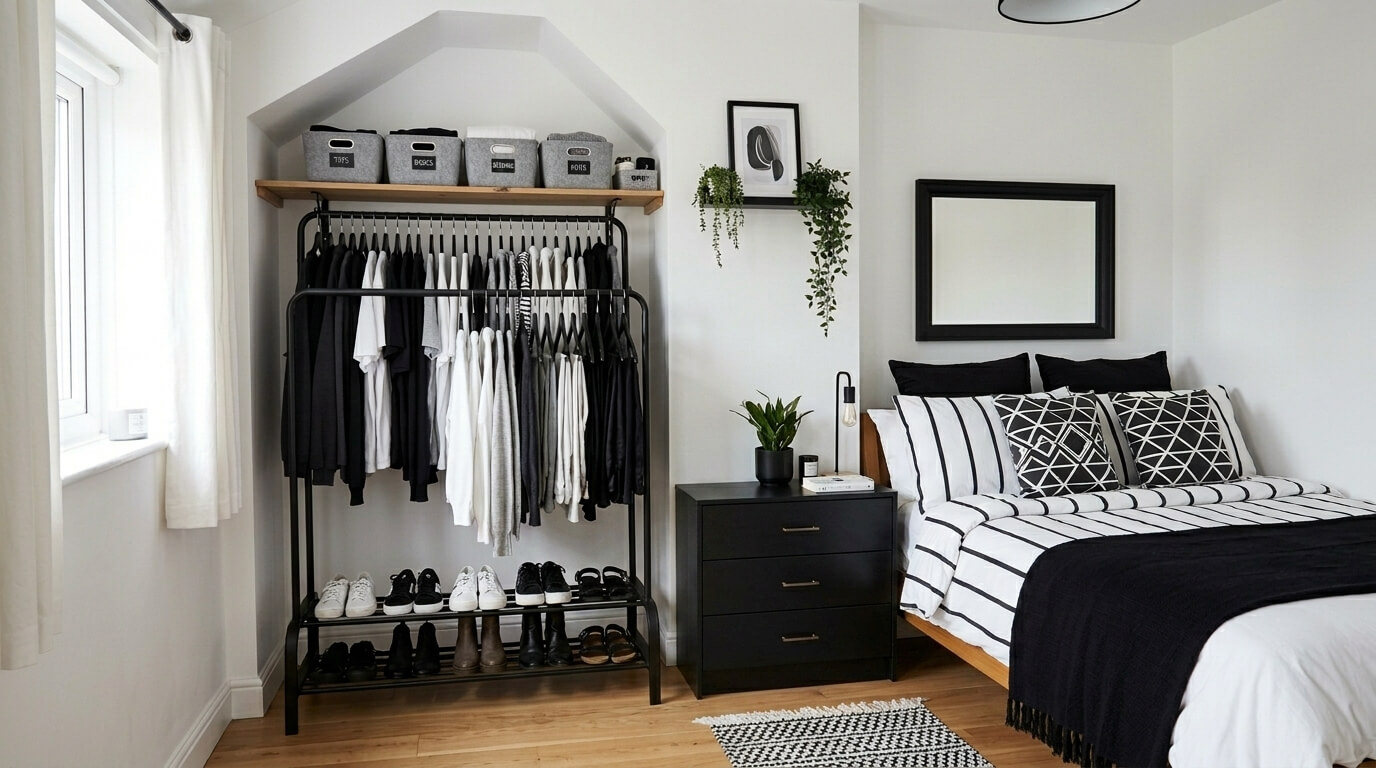 Small bedroom without closet with freestanding double clothes rail in recessed alcove