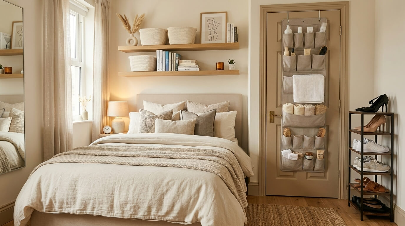 Small bedroom with floating shelves above the bed, and budget shoe rack saving space effectively
