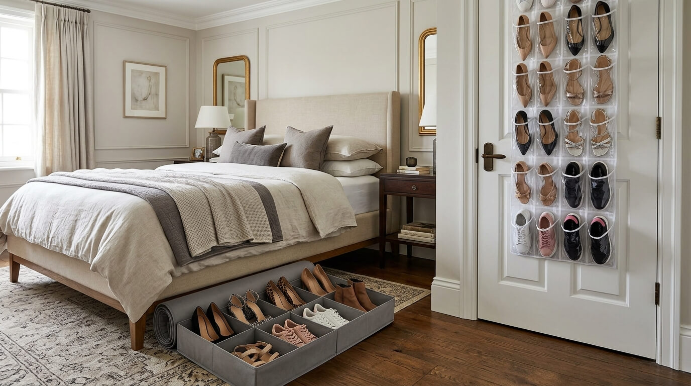 Clear pocket over-door shoe organizer on back of bedroom door with pairs visible in each pocket and a flat under-bed shoe storage box with individual compartments open showing stored footwear