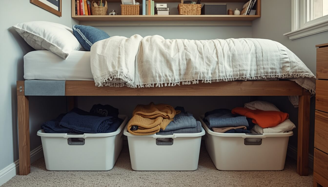 Dorm room organized with vertical storage solutions and under bed storage baskets