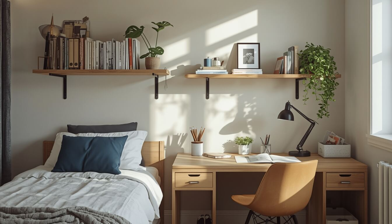 Dorm room organized with vertical storage solutions including no drill shelving above the desk and bed.