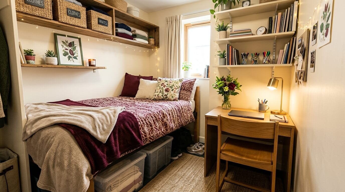 Small organized dorm room with lofted bed, under-bed storage, vertical shelving and a clutter-free study desk