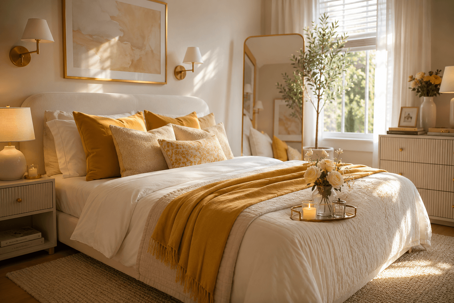 Cozy butter yellow bedroom with white bedding, warm lighting, natural wood furniture and layered neutral decor in a small space.