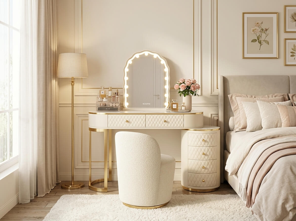 Elegant feminine vanity corner in a small bedroom featuring a cream vanity with gold accents, Hollywood mirror, bouclé chair, brass lamp, blush flowers, and luxury bedroom decor.