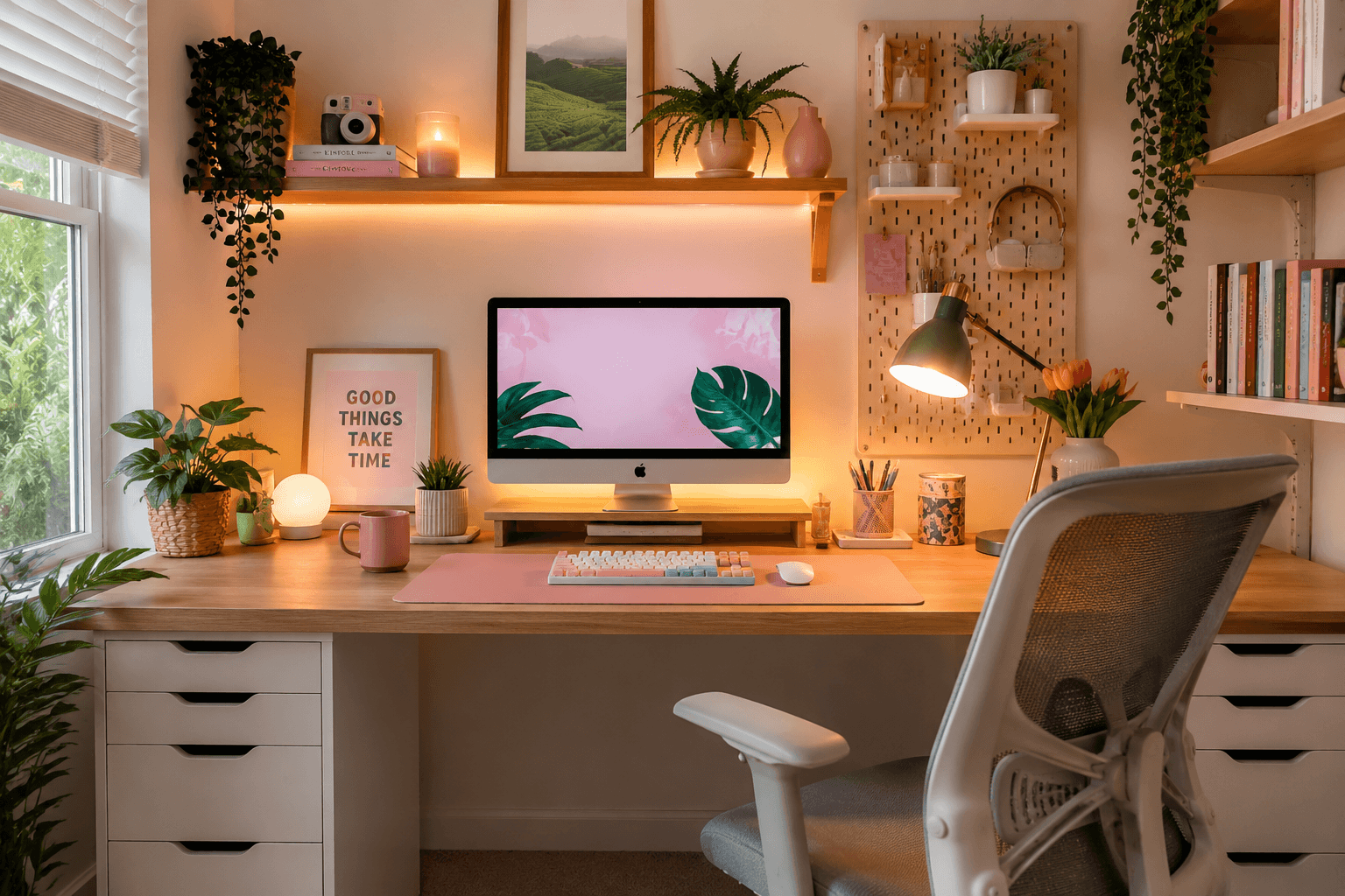 A colorful workspace with a wooden desk, ergonomic chair, plants, floating shelves, pegboard and bright desk accessories in a cozy small room.