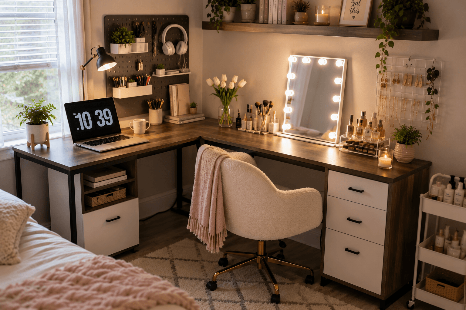 A cozy bedroom office and vanity setup featuring an L-shaped desk, upholstered chair, tabletop vanity mirror, floating shelves and soft neutral decor in a small bedroom.