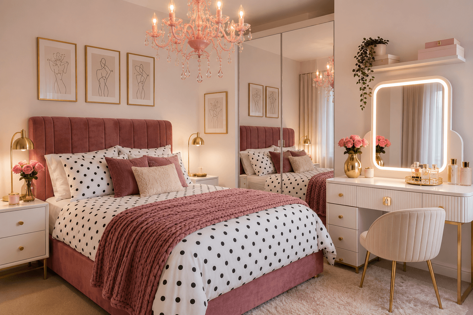Luxury small bedroom with black and white polka dot bedding, blush velvet bed, pink crystal chandelier, luxury vanity, mirrored wardrobe, gold accents, and cozy layered textures.