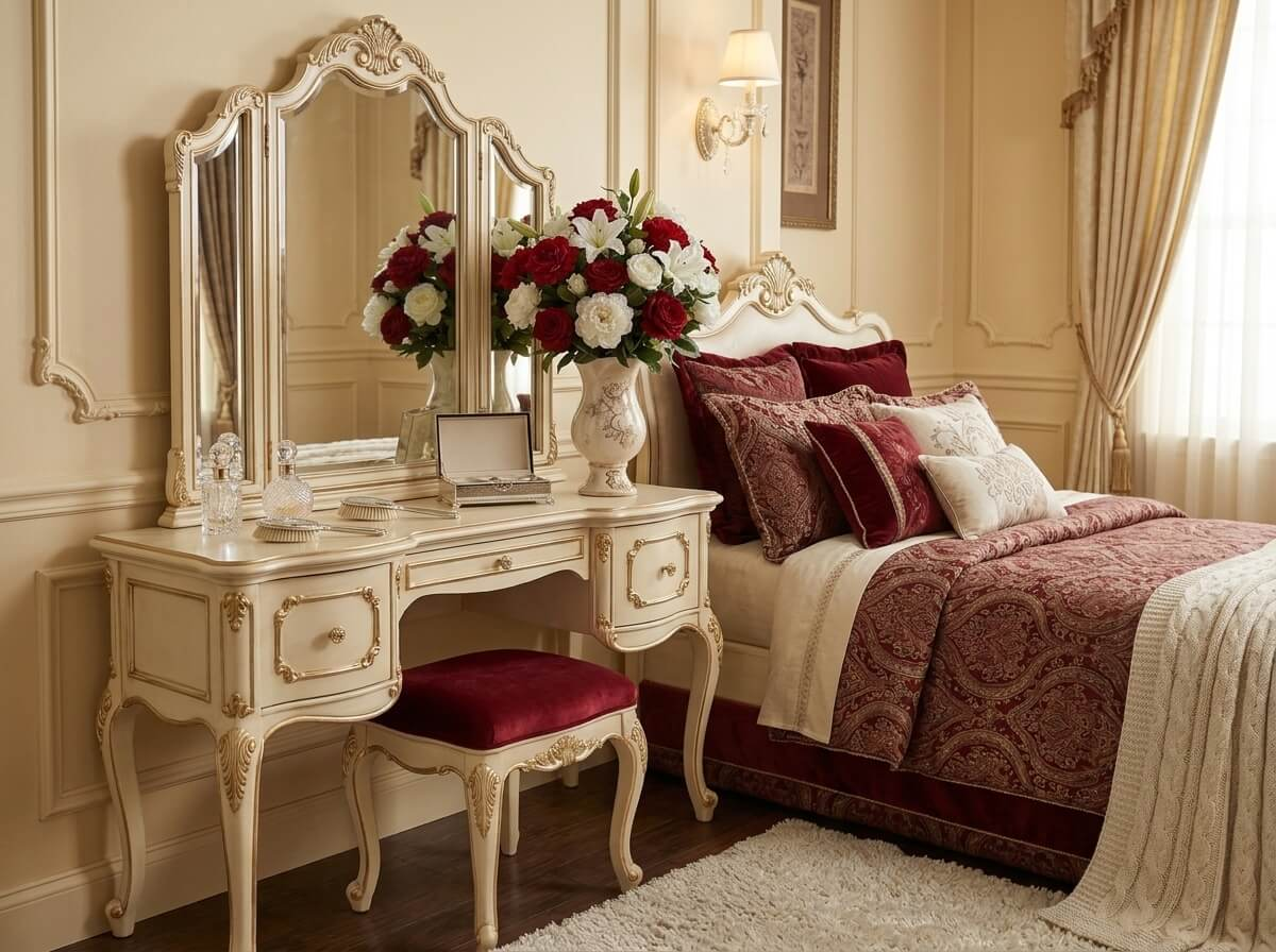 Designer-style bedroom with beautiful bedding, chunky knit throw, plush rug, warm lighting, and elegant modern decor.