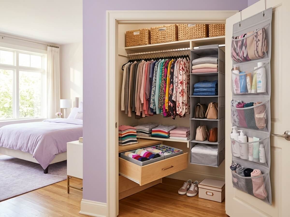 Beautifully organized tiny closet featuring slim velvet hangers, hanging shelves, woven baskets, shelf dividers and space-saving storage products for a small bedroom.