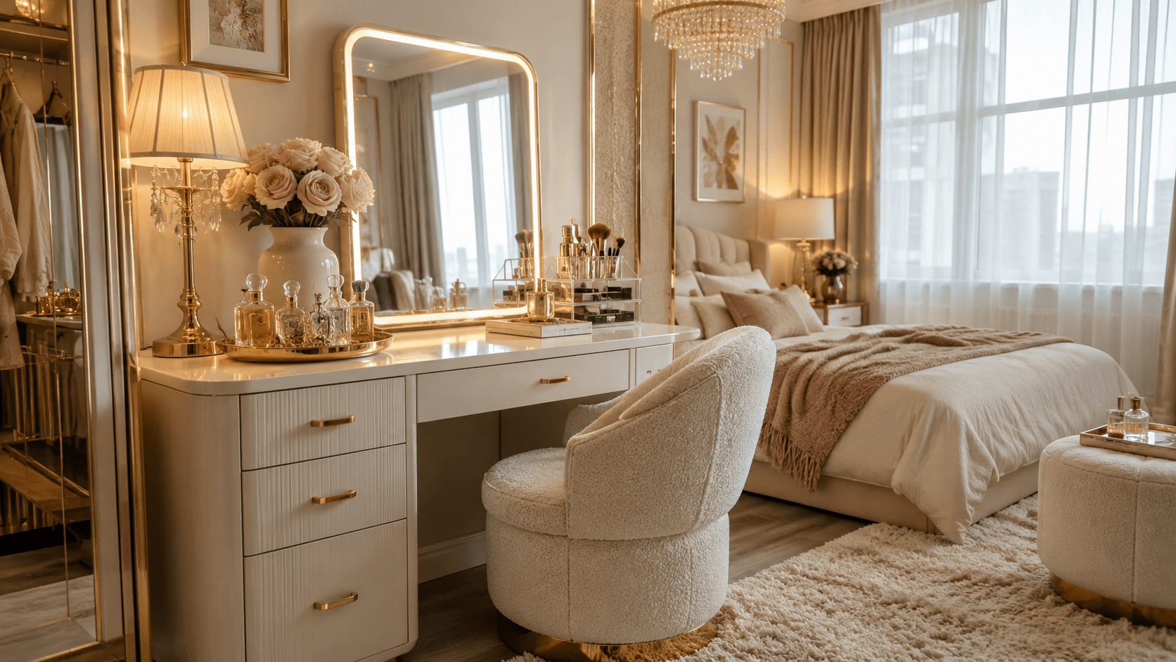 Luxury small bedroom vanity setup with cream leather vanity, Hollywood mirror, boucle chair, brass lamp and organized makeup storage.