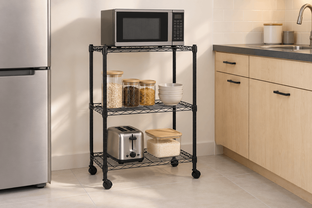 Amazon Basics black three-shelf rolling wire rack holding a compact microwave and kitchen essentials in a small kitchenette.