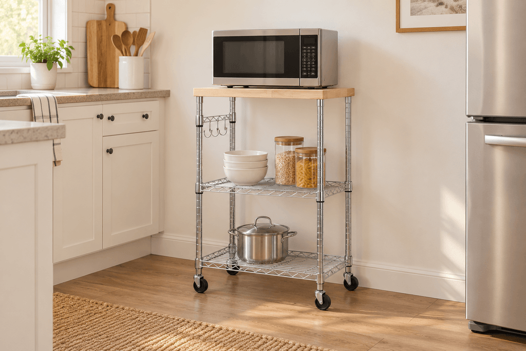 Amazon Basics three-tier rolling microwave cart with chrome wire shelves and a light wood top styled in a compact kitchen.