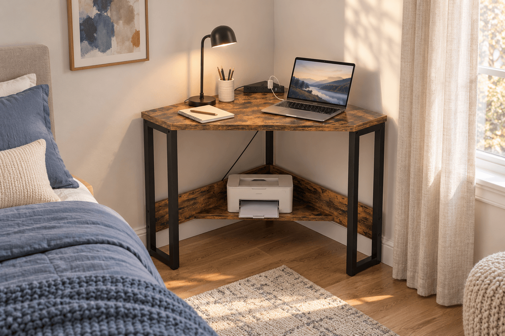 Armocity rustic triangular corner desk with built-in charging outlets and a lower printer shelf beside a bed in a small bedroom.