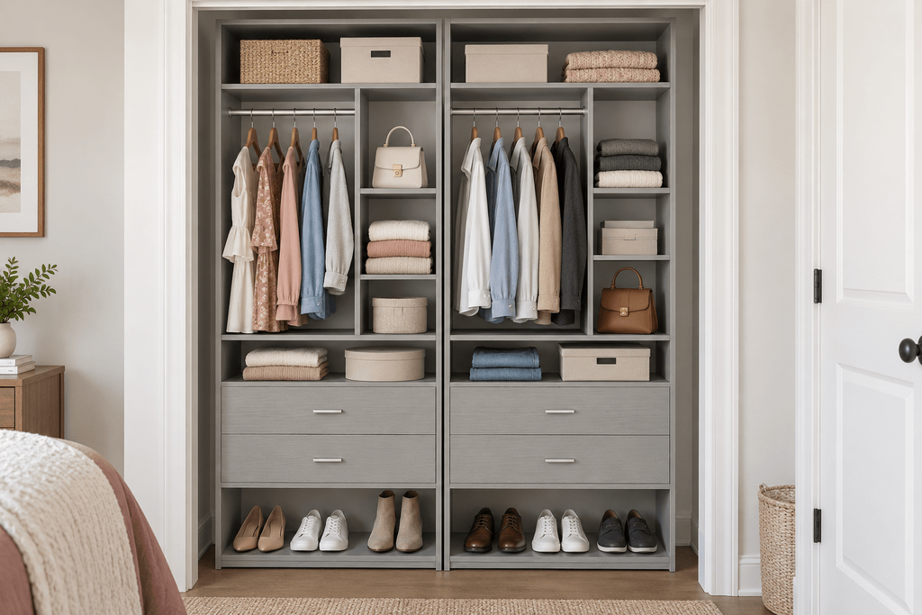 Besiost closet system with four drawers, two hanging sections, open shelves and shoe storage styled inside a small reach-in closet.