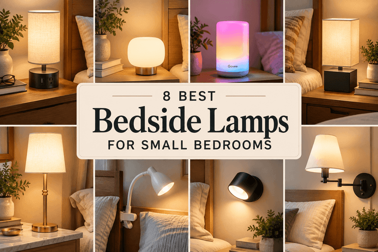 Compact bedside lamp on a small nightstand in a small bedroom