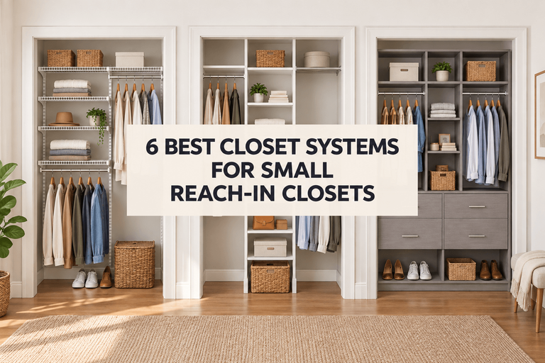 Three different small reach-in closet systems with wire shelves, hanging rods, storage towers and drawers.