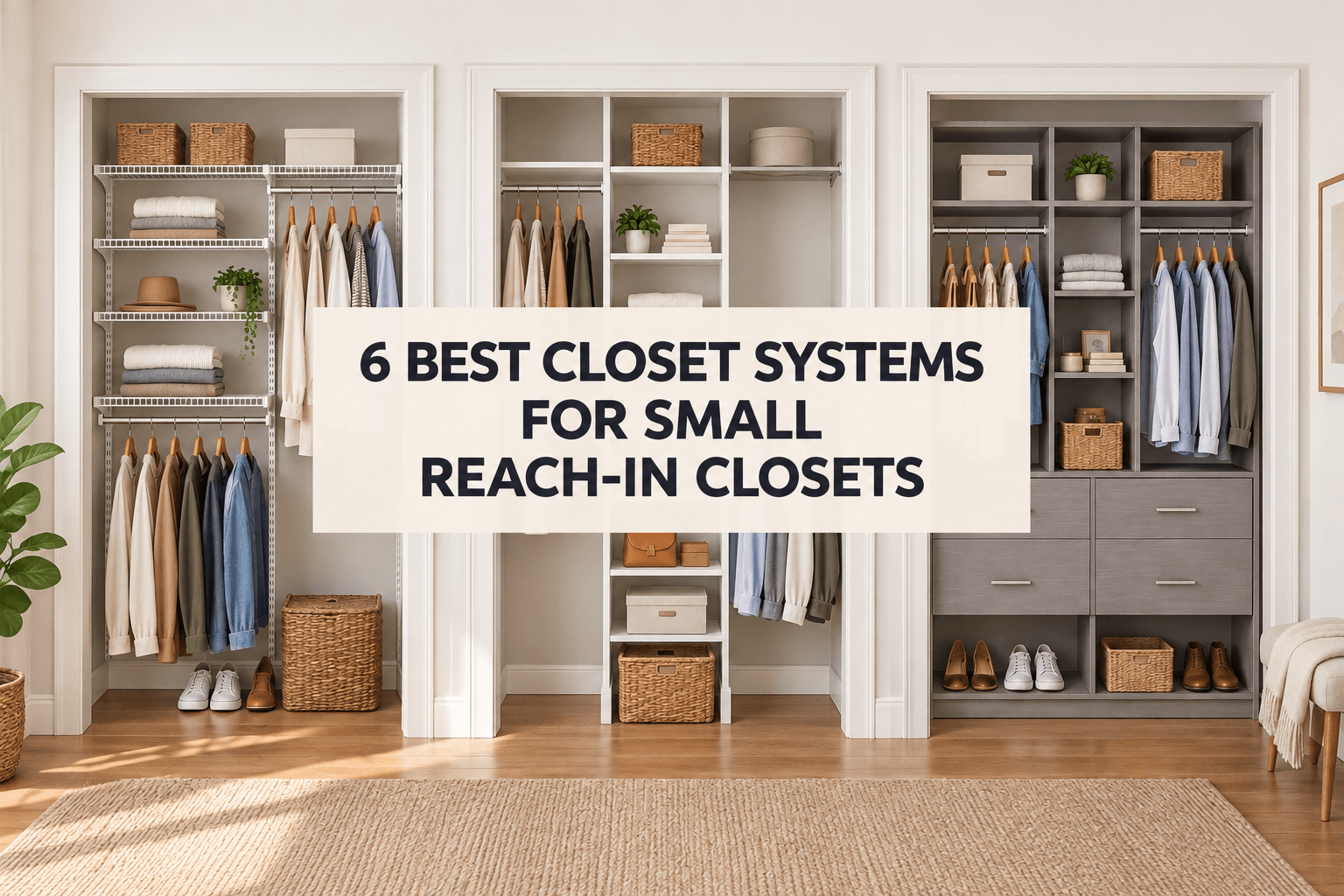Three different small reach-in closet systems with wire shelves, hanging rods, storage towers and drawers.