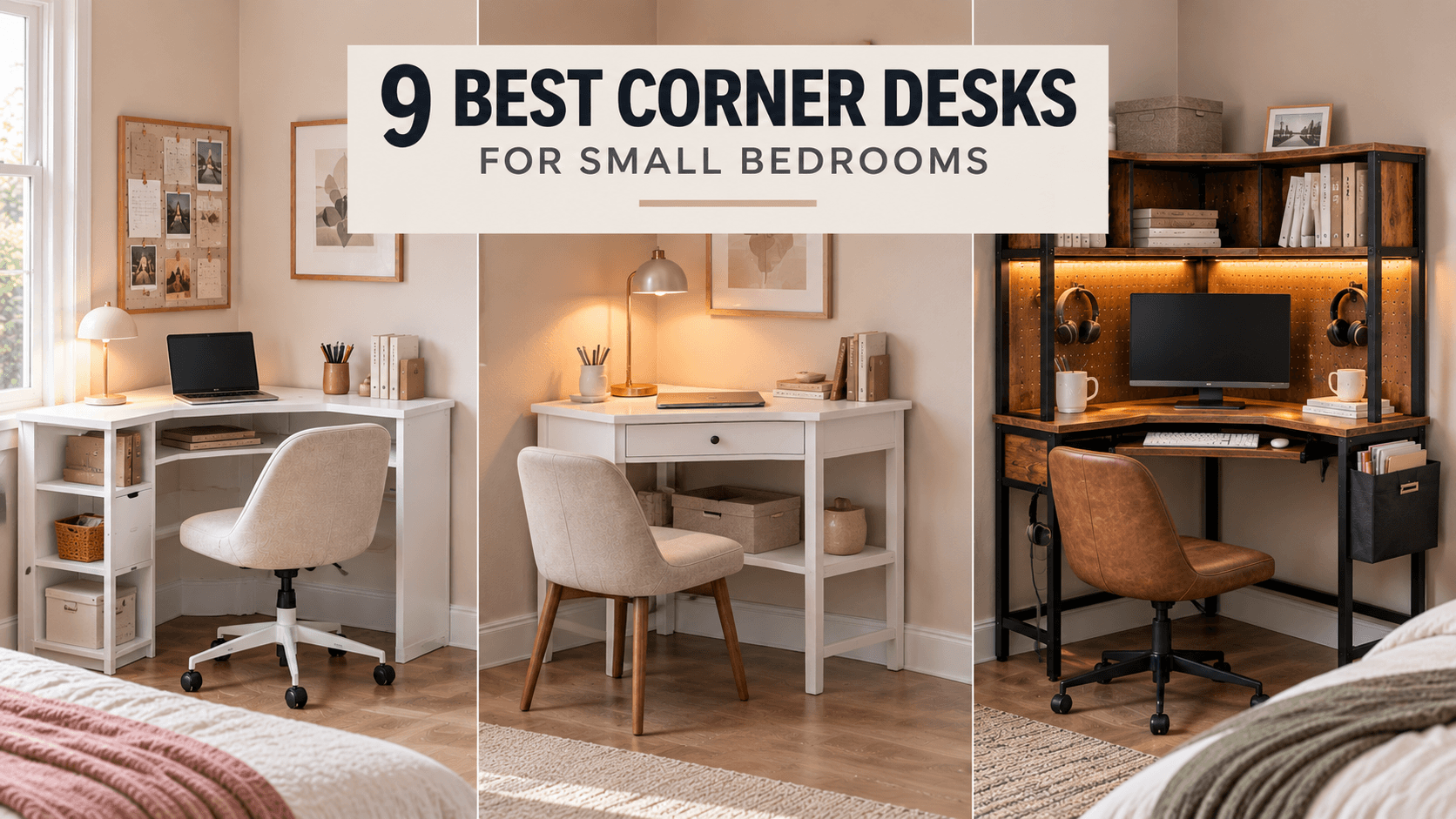 best corner desks for small bedrooms, including compact triangular, L-shaped and storage corner desk designs.