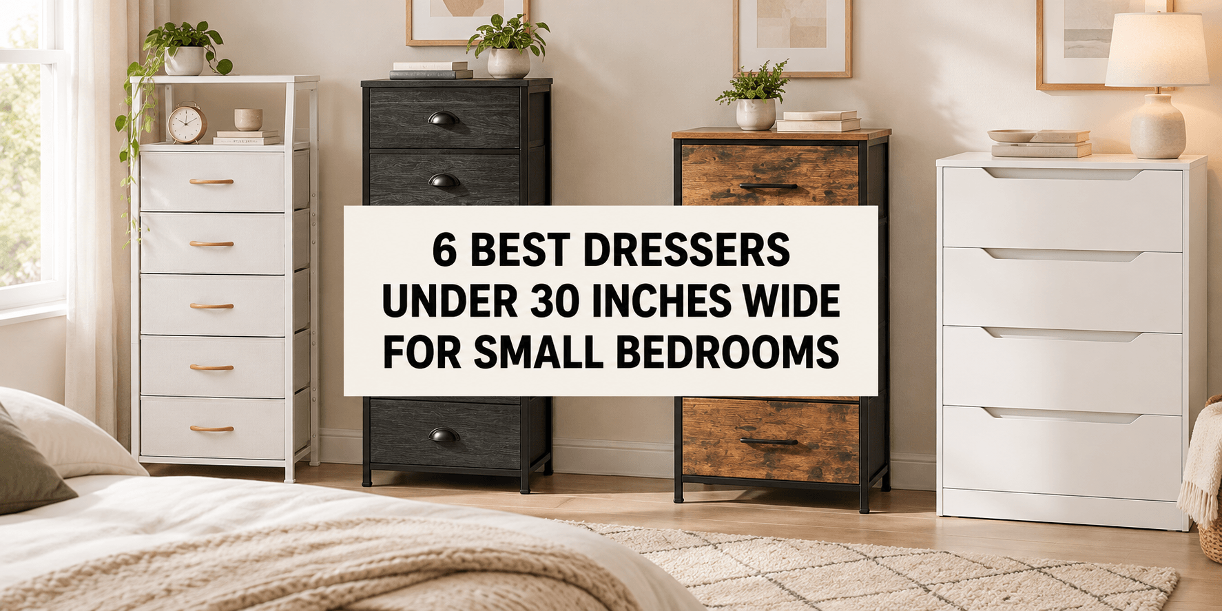 Six dressers under 30 inches wide for small bedrooms, including narrow fabric drawer towers and a traditional dresser