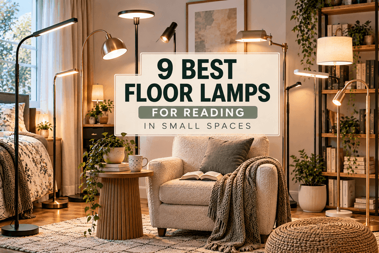 Multiple reading floor lamps arranged around a cozy reading chair in a small living space, with the text “9 Best Floor Lamps for Reading in Small Spaces.