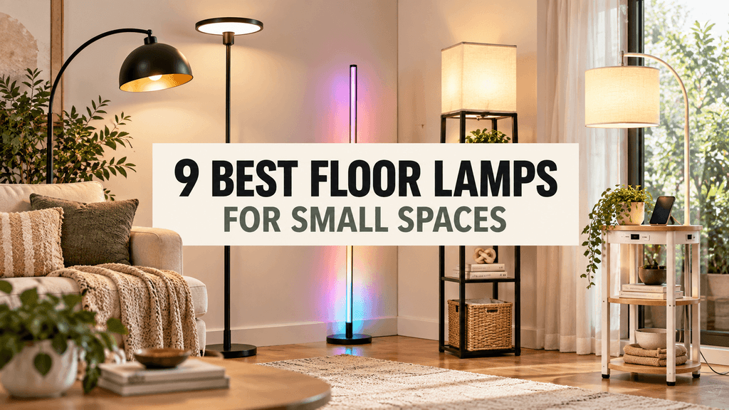 Selection of floor lamps for small spaces displayed in a cozy living room, including arc, smart, shelf and table floor lamps.