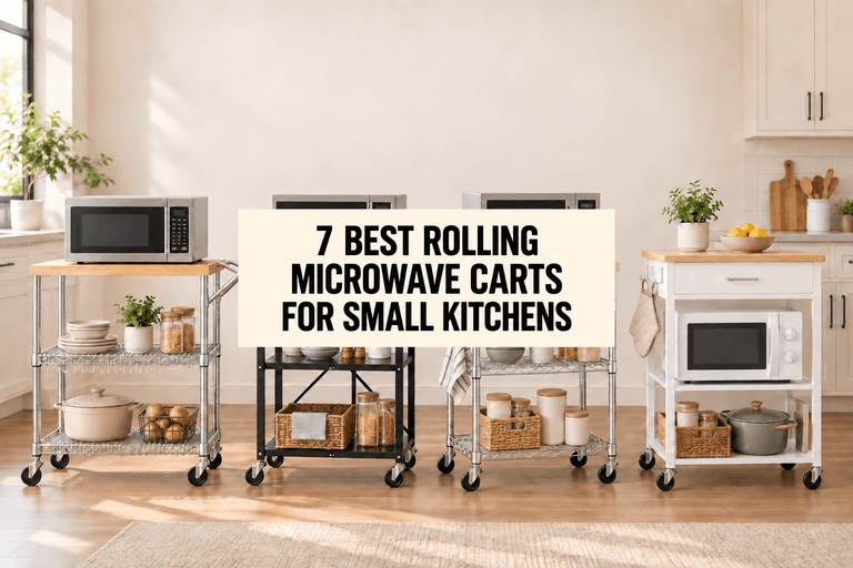 Four rolling microwave carts with storage shelves arranged in a bright kitchen