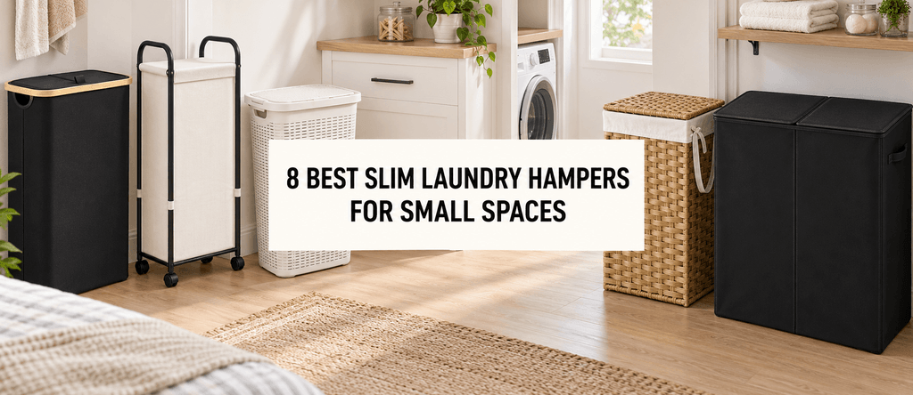 Slim laundry hampers for small spaces, including narrow fabric, rolling, plastic and divided hampers