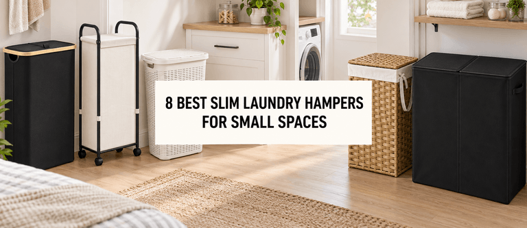 slim laundry hampers for small spaces, including narrow fabric, rolling, plastic and divided hampers