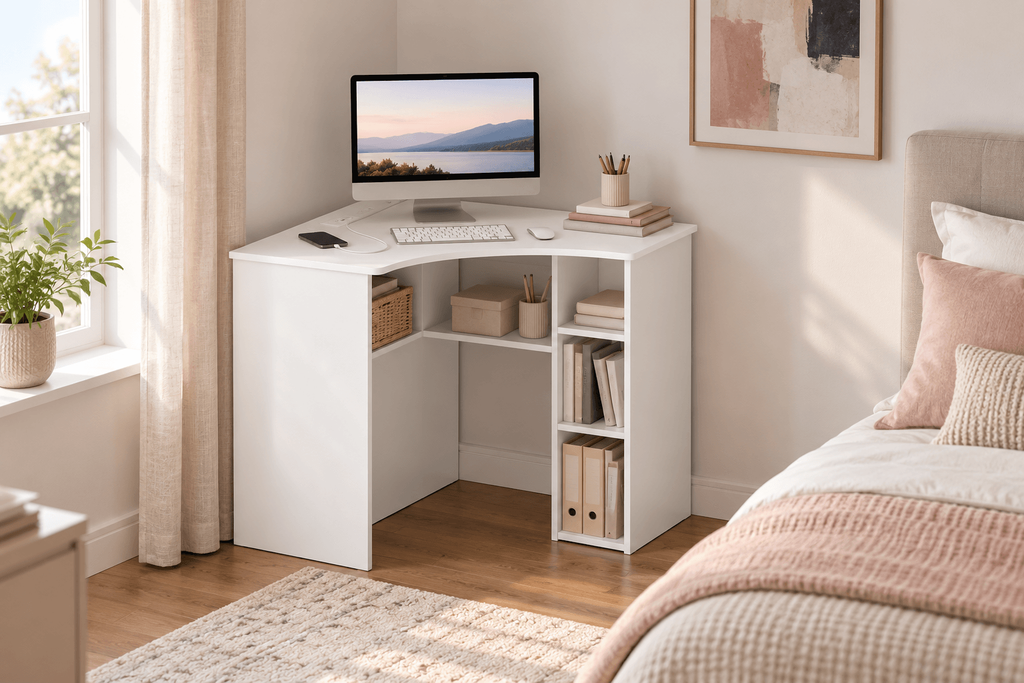 White Tangkula corner desk with open storage shelves and a charging station, styled beside a bed in a small bedroom.