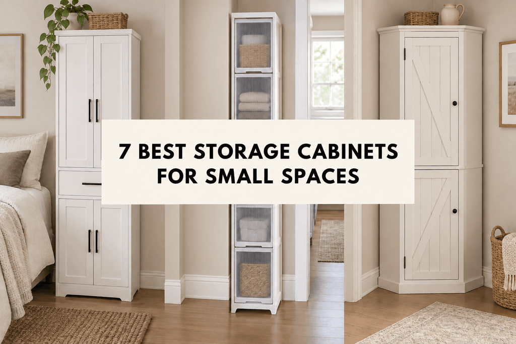Three different tall storage cabinets for small spaces