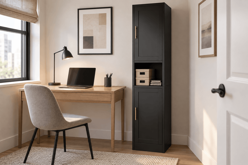 Black Ckzbx tall narrow metal storage cabinet beside a desk in a compact home office.