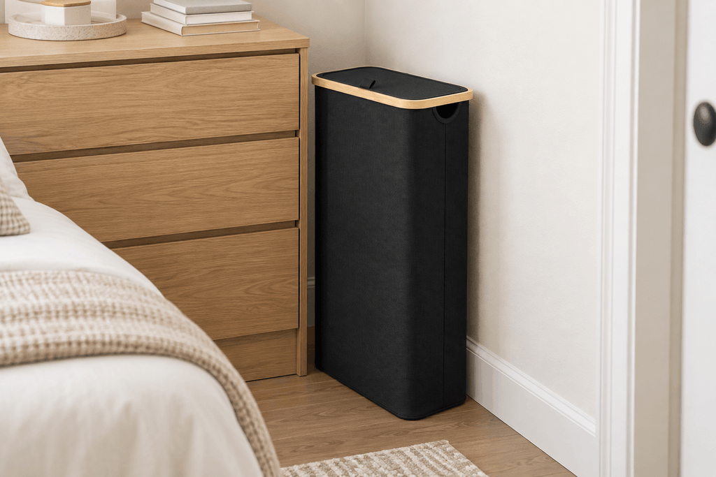 narrow dresser with slim hamper for a small bedroom