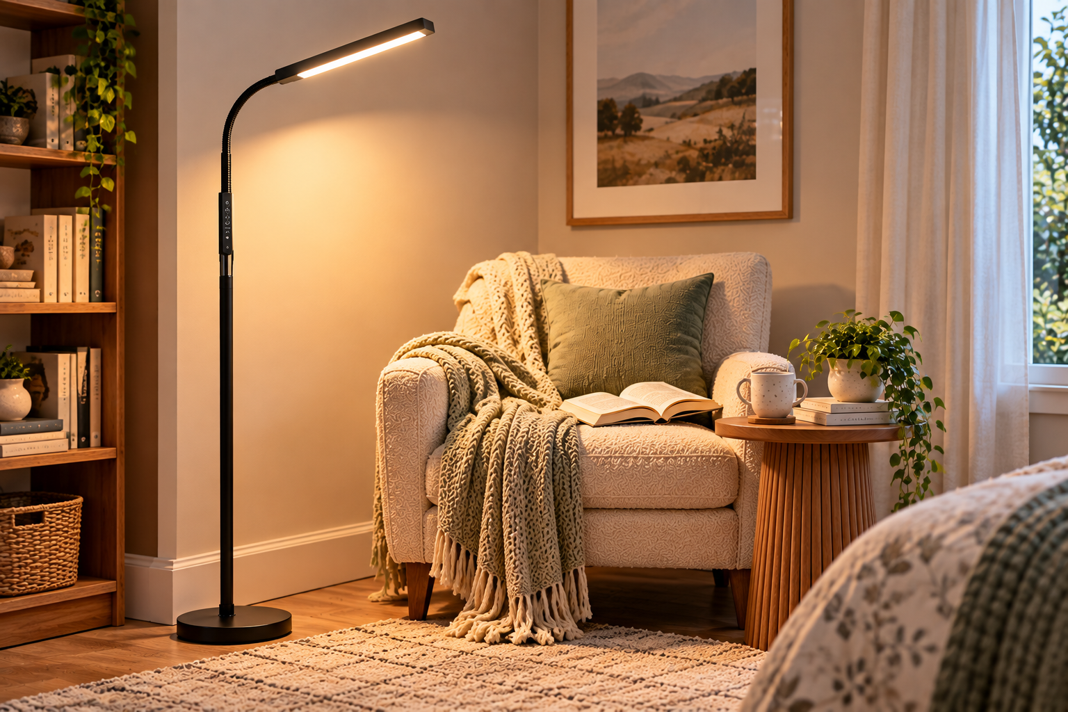 Wio-Mio black LED reading floor lamp with flexible gooseneck and rectangular light head beside a cozy reading chair in a small space.