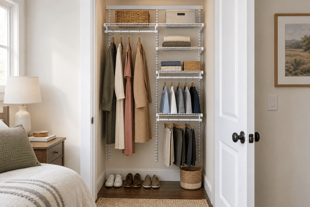 adjustable ClosetMaid ShelfTrack organizer with wire shelves and multiple hanging sections in a narrow reach-in bedroom closet.