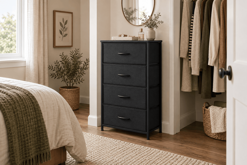Black AODK four-drawer fabric dresser styled beside an open closet in a compact neutral bedroom.