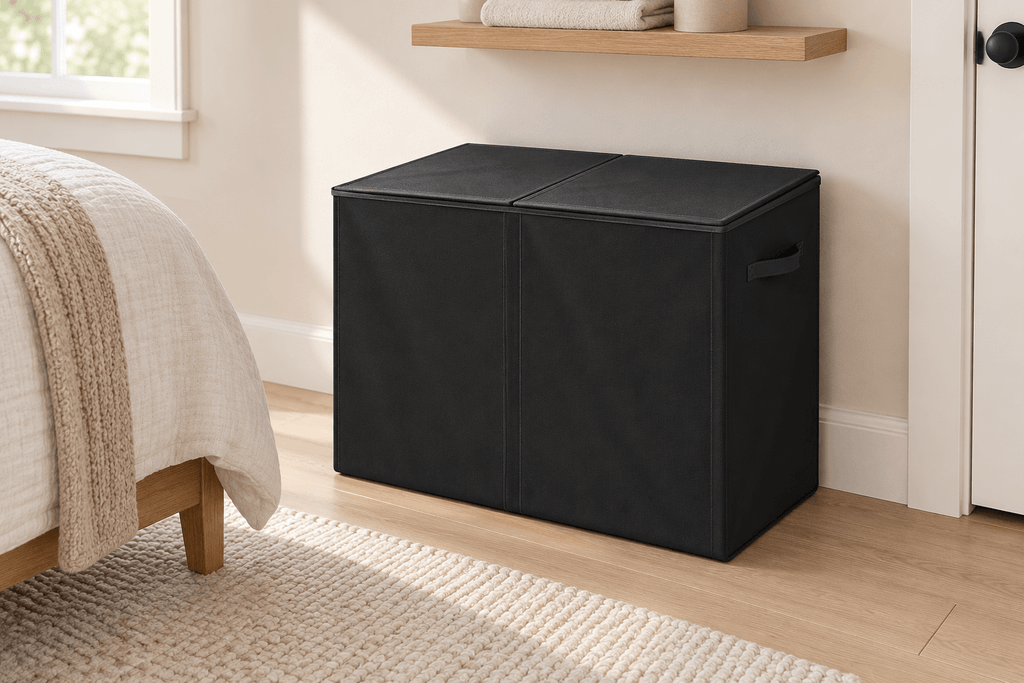 Black Simple Houseware two-compartment laundry hamper with split lids positioned beside a bed in a small bedroom.