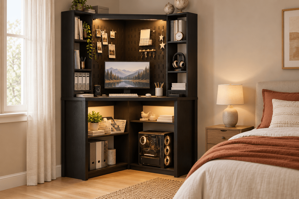 Black Lvifur corner computer desk with a tall hutch, pegboard and storage shelves beside a bed in a small bedroom.