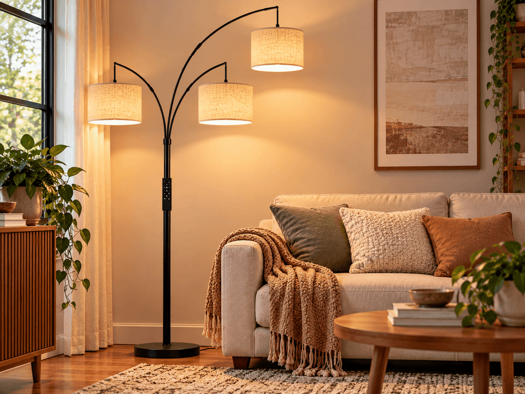 Fansdrick 3-light arc floor lamp with three beige fabric shades positioned beside a sofa in a small living room.
