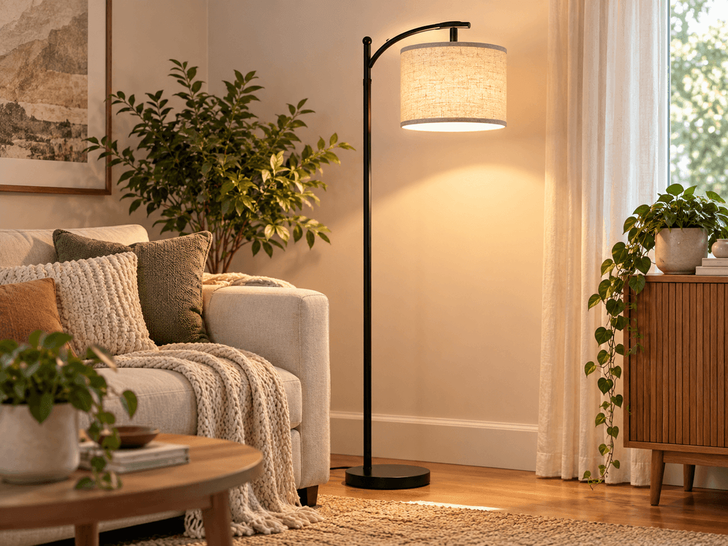 Rottogoon black floor lamp with curved upper pole and beige drum shade beside a neutral sofa in a small living room.