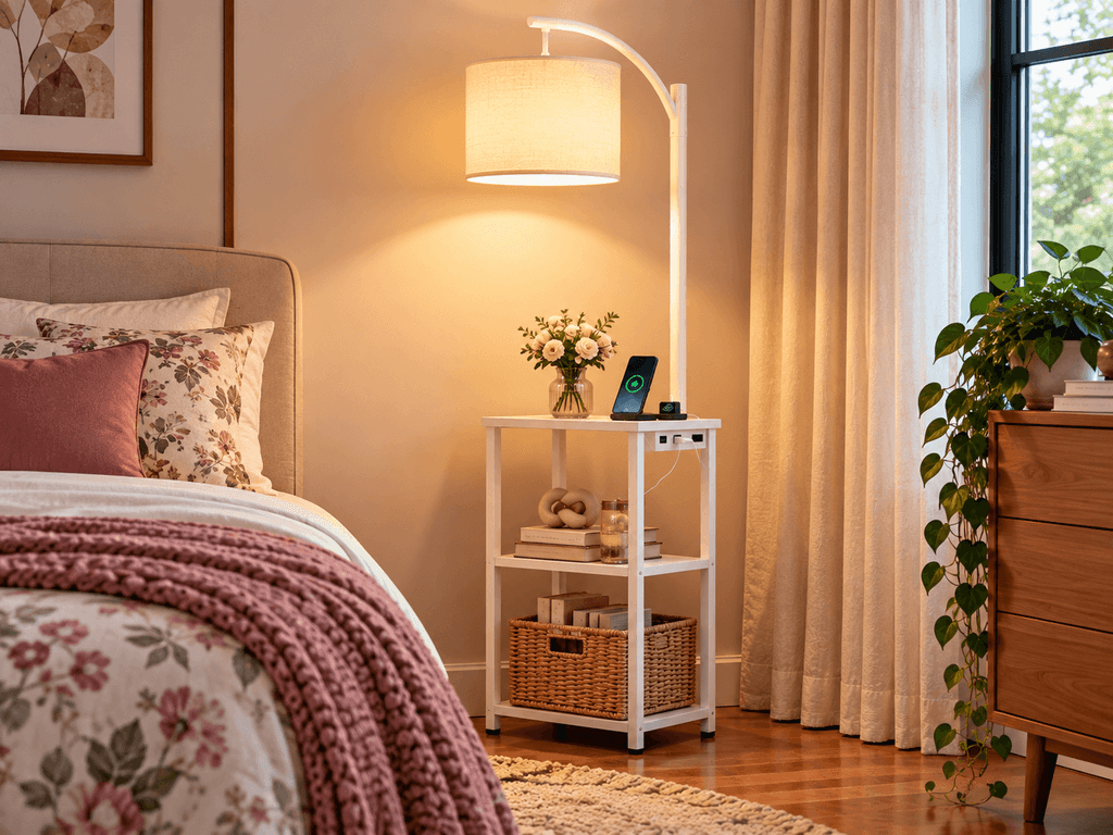 SUNMORY white floor lamp with built-in side table, storage shelves and charging station beside a bed in a small bedroom.