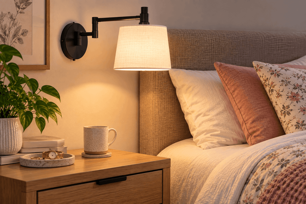 VONLUCE black swing-arm wall lamp with white fabric shade mounted above a small bedroom nightstand.