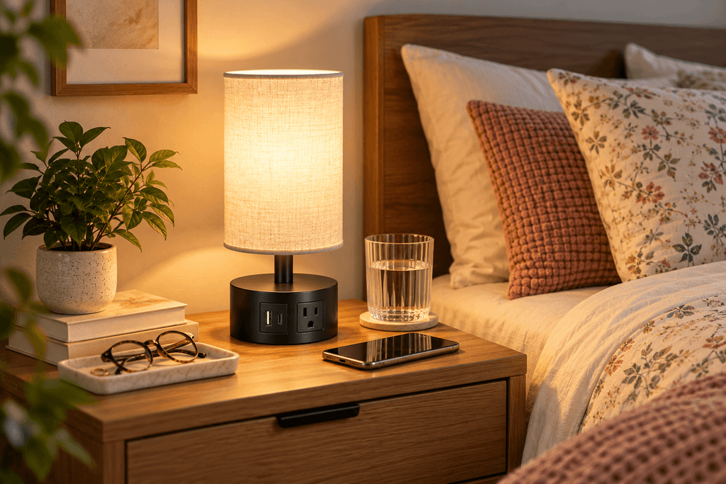 Fenmzee bedside table lamp with charging ports on a small bedroom nightstand.