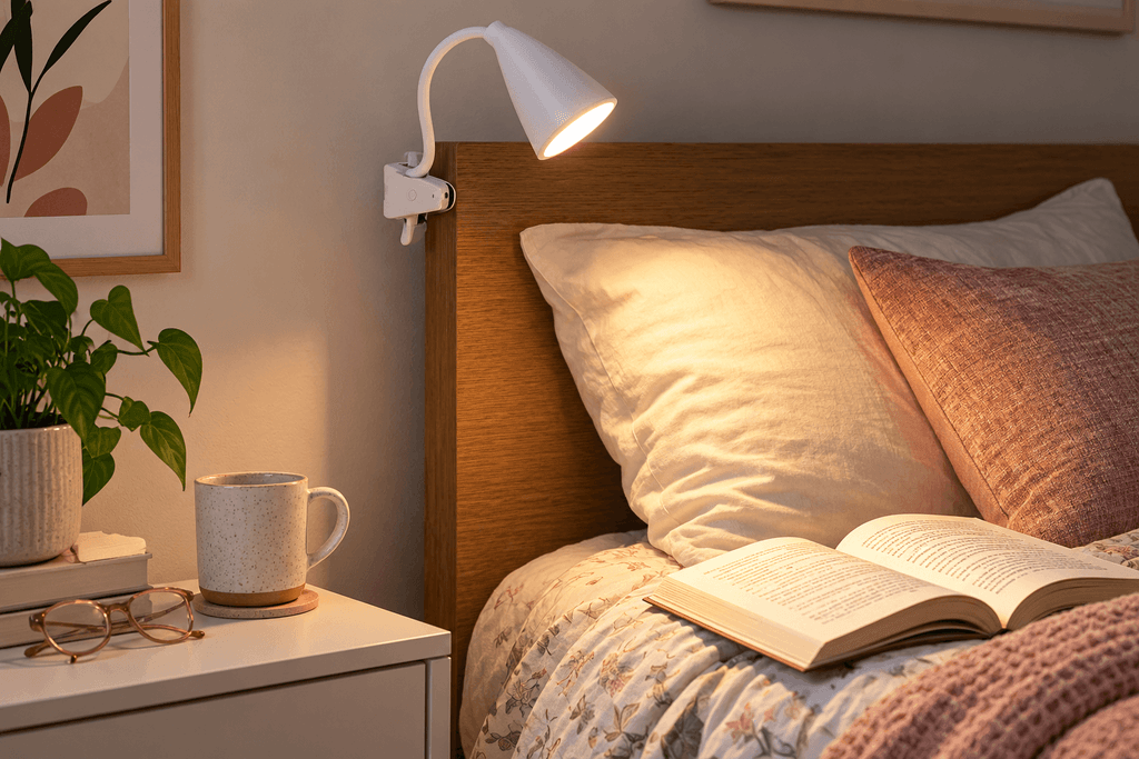 BOHON clip-on reading lamp attached to a wooden headboard and illuminating an open book in a small bedroom.