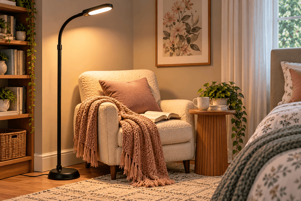 Brightech Litespan black LED reading floor lamp with flexible gooseneck beside a cozy reading chair in a small space.