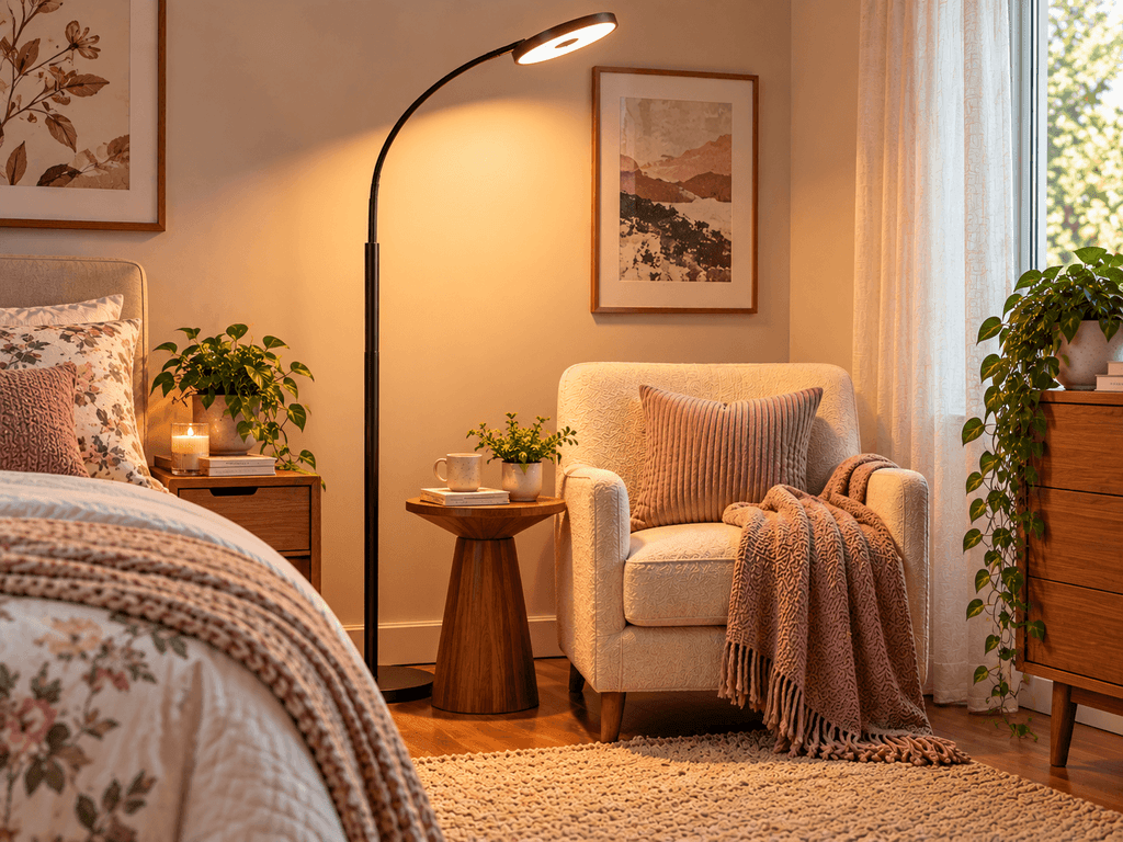 Wio-Mio adjustable LED reading floor lamp positioned beside a reading chair in a small bedroom corner.