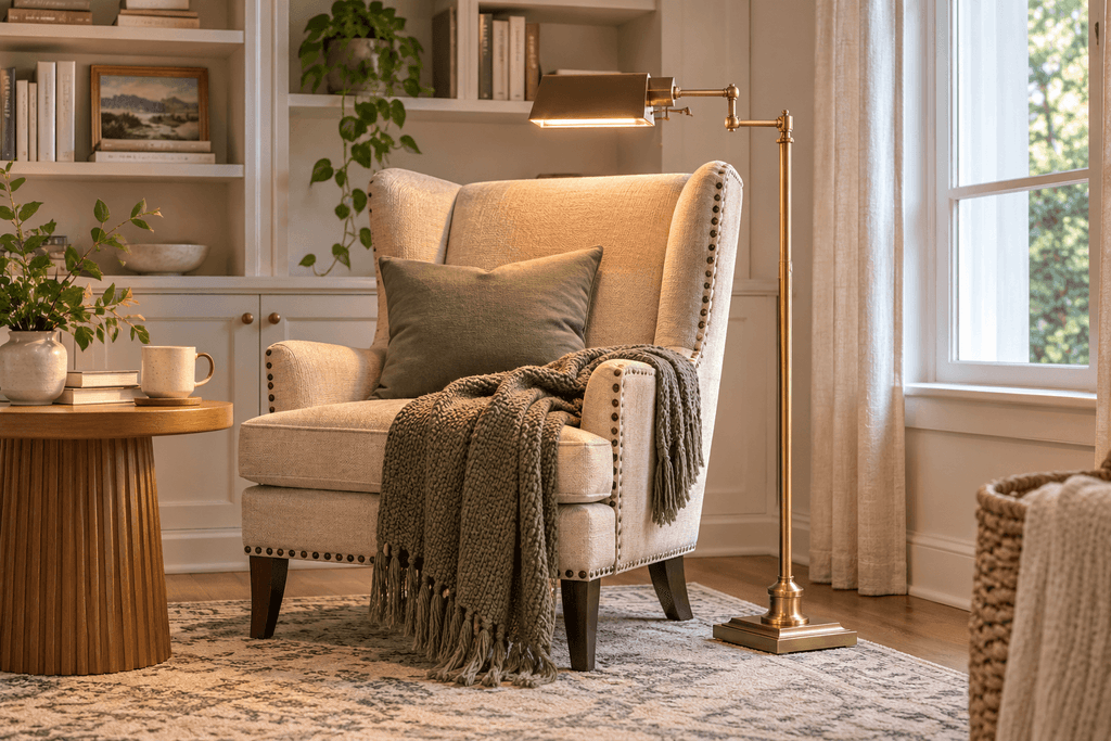 Jenson antique brass swing-arm pharmacy floor lamp positioned beside a reading chair in a compact living room.