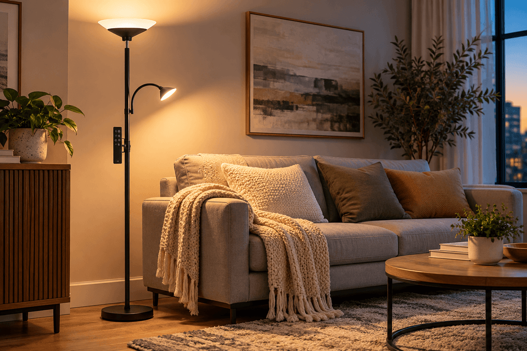 SIBRILLE black 2-in-1 torchiere floor lamp with an upward light and adjustable reading light beside a sofa in a small living room.