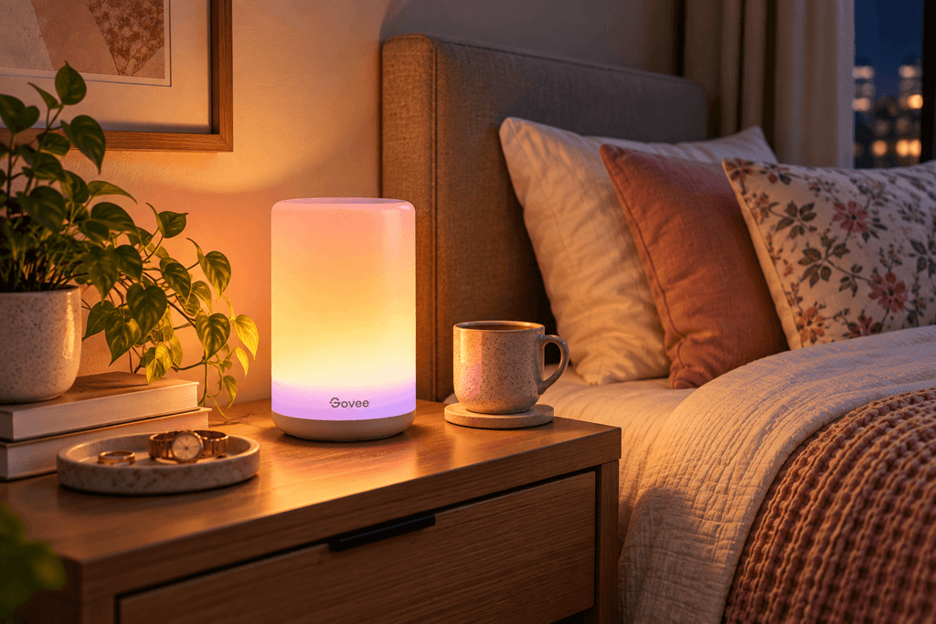 Govee Smart Table Lamp 2 providing warm ambient lighting on a small bedroom nightstand.